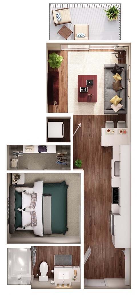 Floor plan for 1 bed, 1 bath, 525 sqft