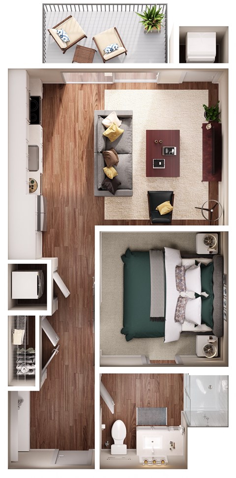 Floor plan for 1 bed, 1 bath, 605 sqft