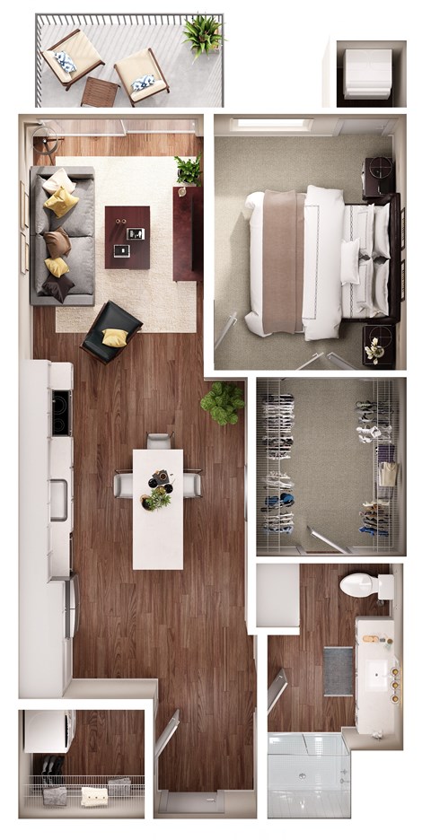 Floor plan for 1 bed, 1 bath, 709 sqft