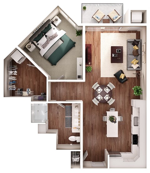 Floor plan for 1 bed, 1 bath, 899 sqft