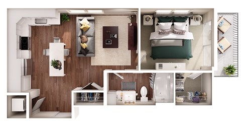 Floor plan for 1 bed, 1 bath, 679 sqft