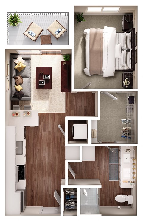 Floor plan for 1 bed, 1 bath, 614 sqft