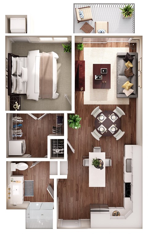 Floor plan for 1 bed, 1 bath, 736 sqft