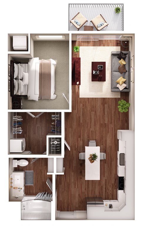 Floor plan for 1 bed, 1 bath, 721 sqft