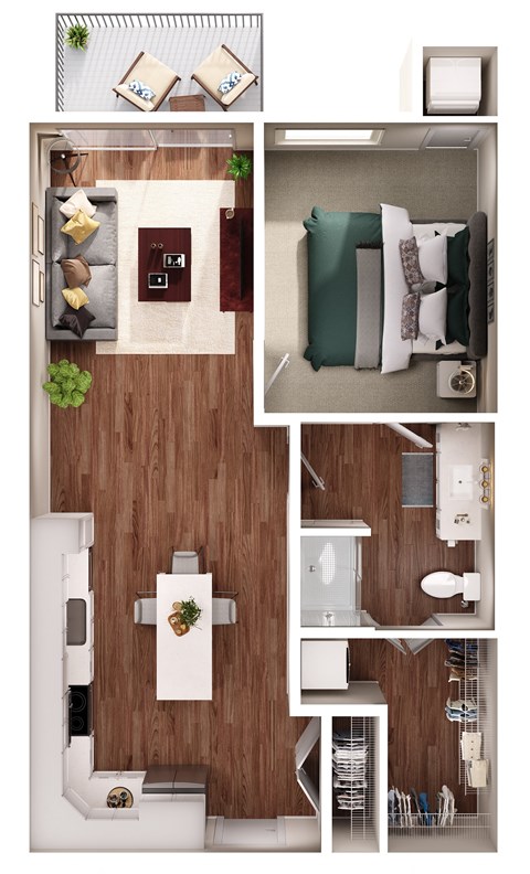 Floor plan for 1 bed, 1 bath, 764 sqft