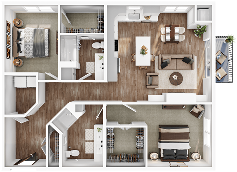 Floor plan for 2 beds, 2 baths, 1315 sqft