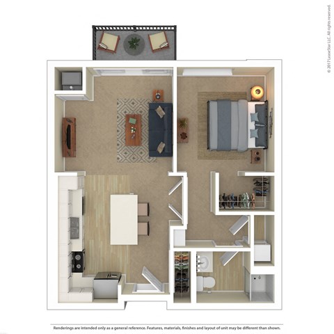 Floor plan for 1 bed, 1 bath, 721 sqft