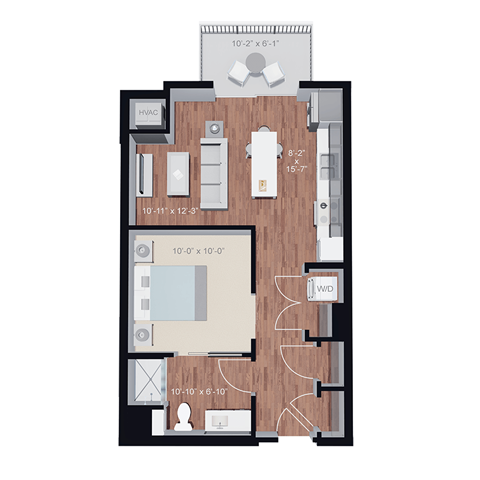 Floor plan for 1 bed, 1 bath, 636 sqft
