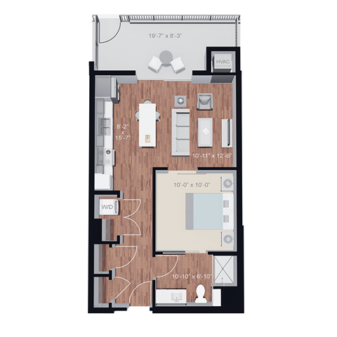 Floor plan for 1 bed, 1 bath, 657 sqft