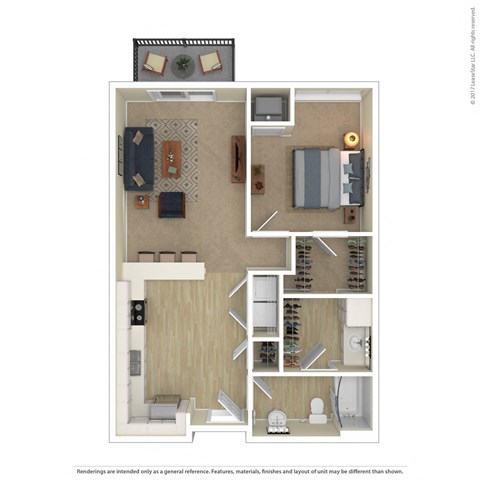 Floor plan for 1 bed, 1 bath, 730 sqft