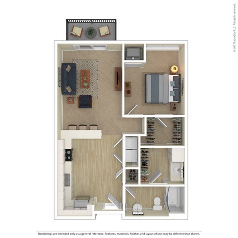Floor plan for 1 bed, 1 bath, 730 sqft