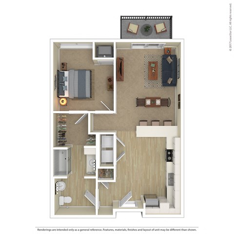 Floor plan for 1 bed, 1 bath, 728 sqft