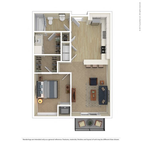 Floor plan for 1 bed, 1 bath, 743 sqft