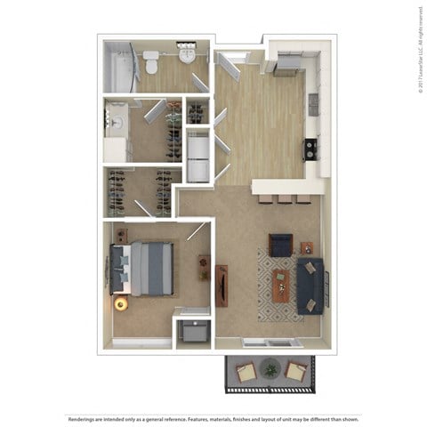 Floor plan for 1 bed, 1 bath, 743 sqft