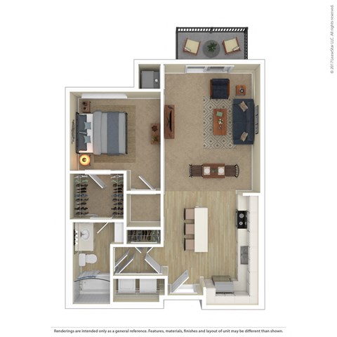 Floor plan for 1 bed, 1 bath, 739 sqft