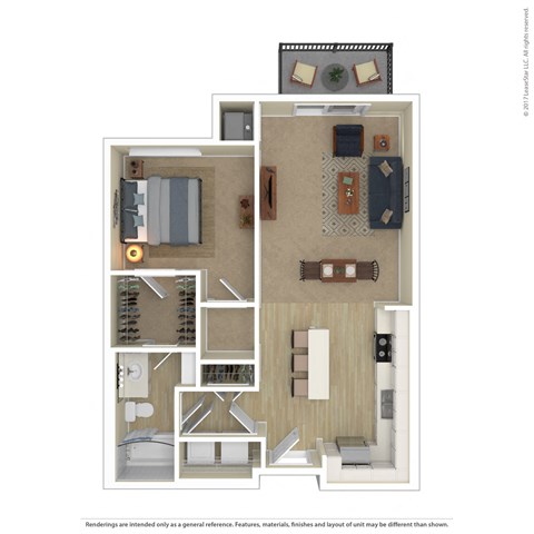 Floor plan for 1 bed, 1 bath, 739 sqft
