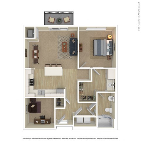 Floor plan for 1 bed, 1 bath, 885 sqft