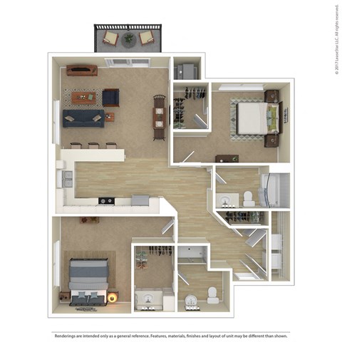 Floor plan for 2 beds, 2 baths, 1069 sqft