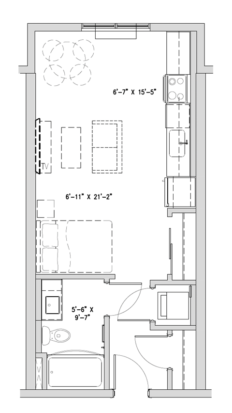 Floor plan for studio, 1 bath, 484 sqft