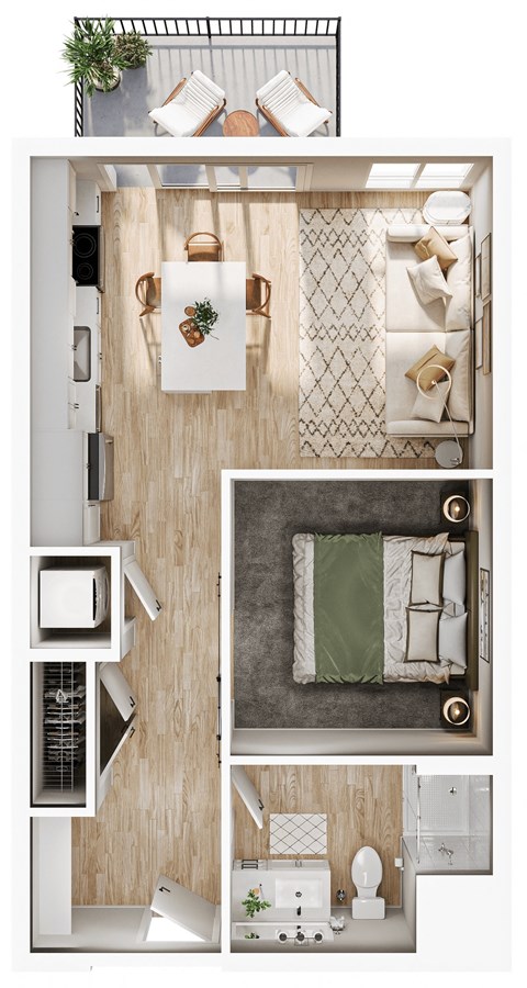 Floor plan for 1 bed, 1 bath, 587 sqft