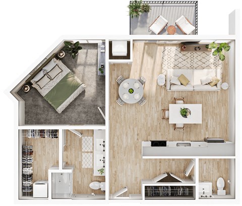 Floor plan for 1 bed, 1.5 baths, 880 sqft