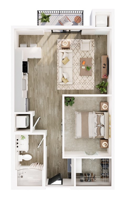 Floor plan for 1 bed, 1 bath, 665 sqft