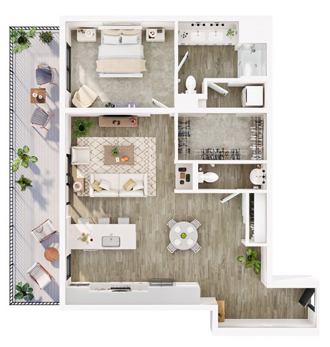 Floor plan for 1 bed, 1.5 baths, 921 sqft
