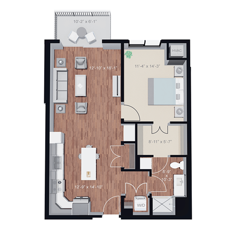 Floor plan for 1 bed, 1 bath, 822 sqft