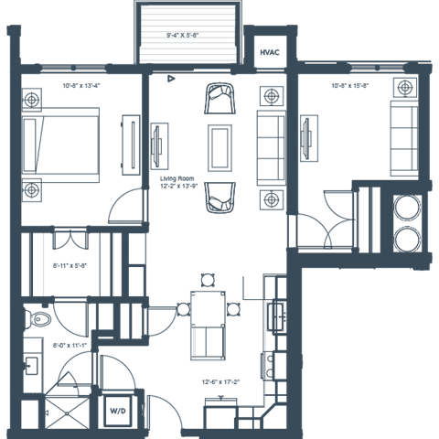 Floor plan for 1 bed, 1 bath, 962 sqft