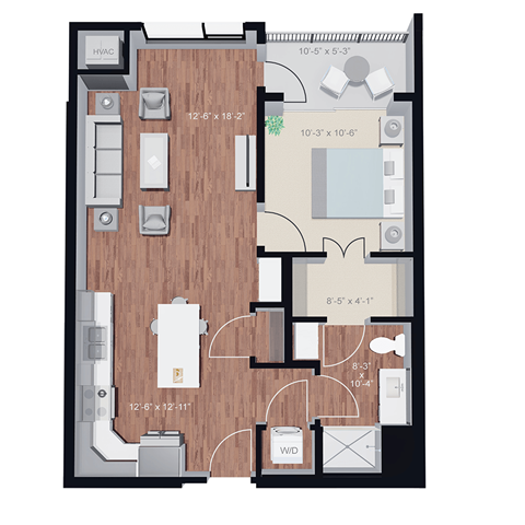 Floor plan for 1 bed, 1 bath, 729 sqft