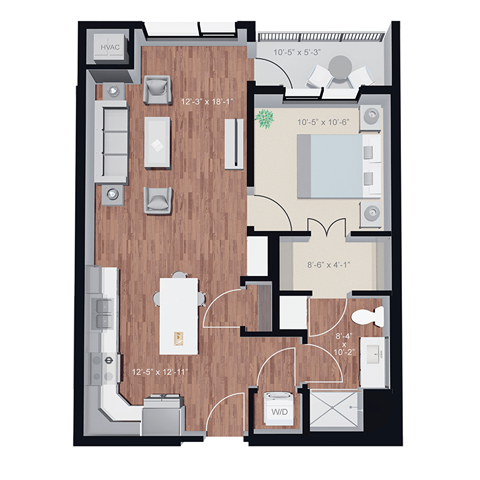 Floor plan for 1 bed, 1 bath, 722 sqft