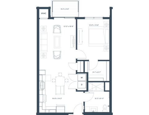 Floor plan for 1 bed, 1 bath, 792 sqft