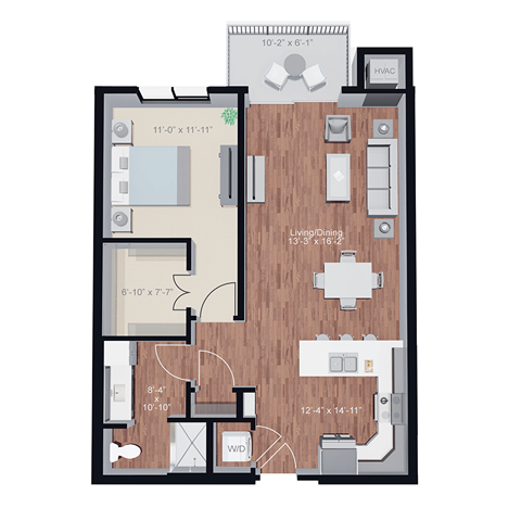 Floor plan for 1 bed, 1 bath, 844 sqft