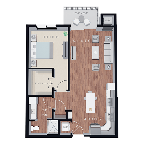 Floor plan for 1 bed, 1 bath, 842 sqft