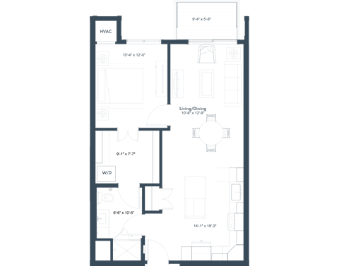 Floor plan for 1 bed, 1 bath, 726 sqft