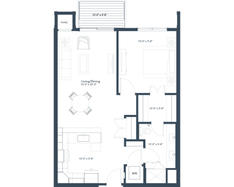 Floor plan for 1 bed, 1 bath, 824 sqft
