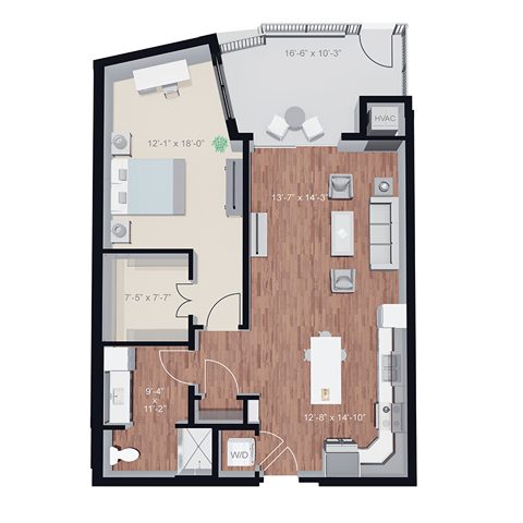 Floor plan for 1 bed, 1 bath, 917 sqft