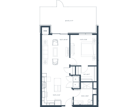 Floor plan for 1 bed, 1 bath, 824 sqft