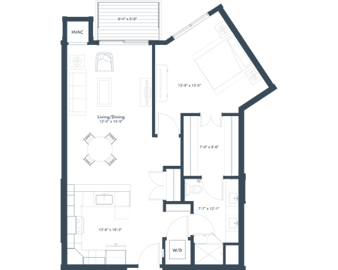 Floor plan for 1 bed, 1 bath, 872 sqft