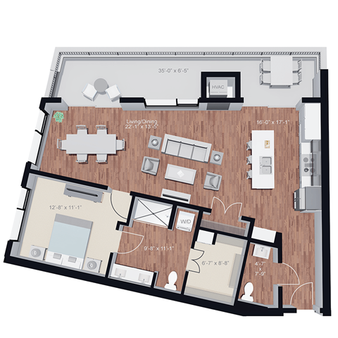 Floor plan for 1 bed, 1.5 baths, 1044 sqft