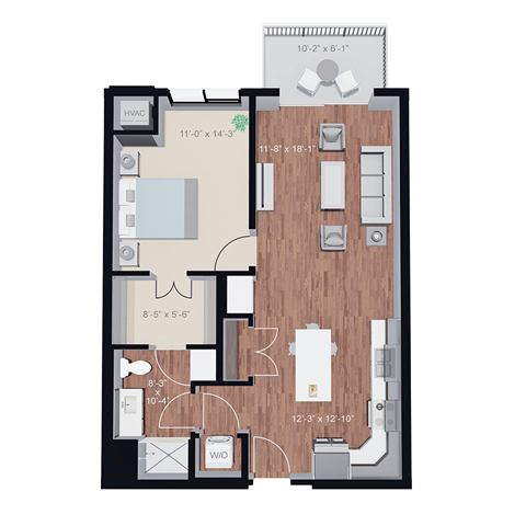 Floor plan for 1 bed, 1 bath, 775 sqft