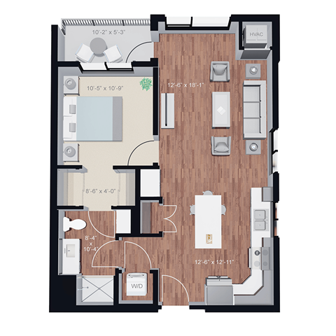 Floor plan for 1 bed, 1 bath, 729 sqft