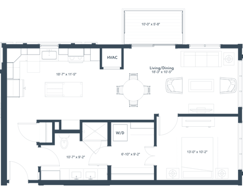 Floor plan for 1 bed, 1 bath, 834 sqft