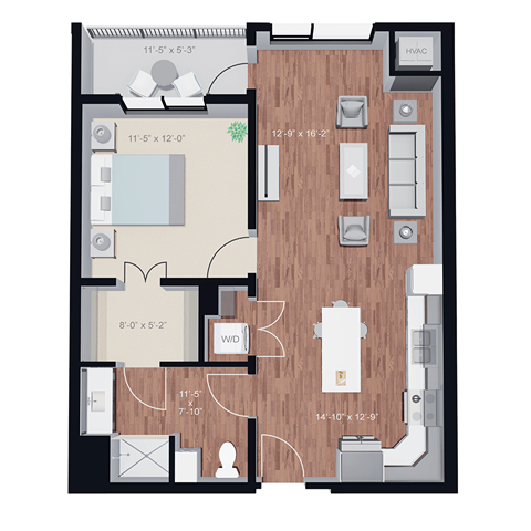 Floor plan for 1 bed, 1 bath, 765 sqft
