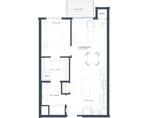 Floor plan for 1 bed, 1 bath, 726 sqft