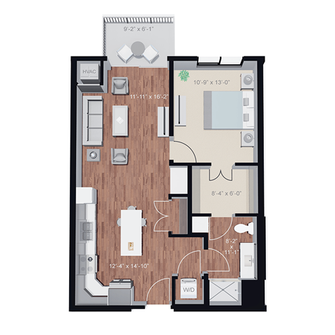 Floor plan for 1 bed, 1 bath, 767 sqft