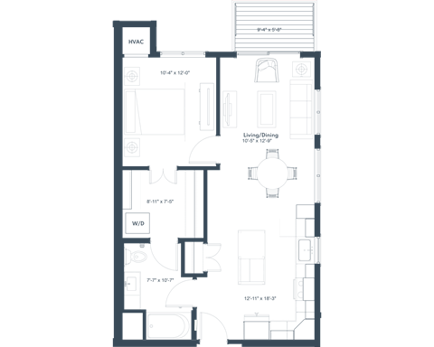 Floor plan for 1 bed, 1 bath, 732 sqft