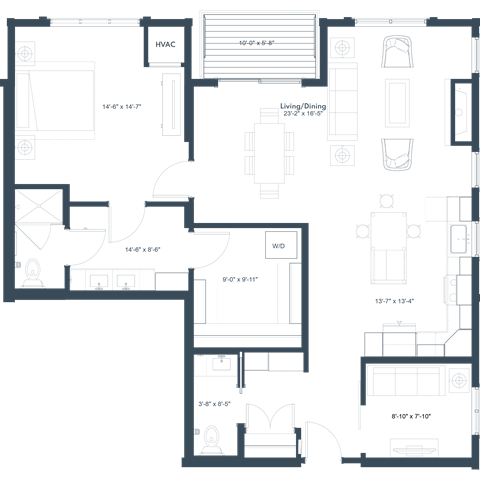 Floor plan for 1 bed, 1.5 baths, 1173 sqft