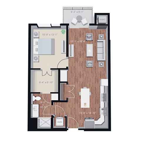 Floor plan for 1 bed, 1 bath, 799 sqft