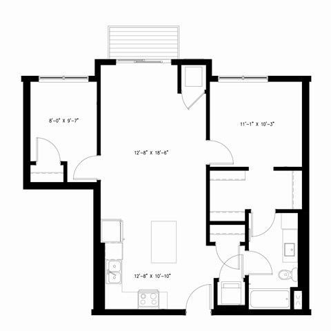 Floor plan for 2 beds, 1 bath, 872 sqft